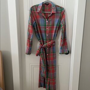 J. Crew Red and Green Plaid Buttoned Long Sleeve Maxi Dress